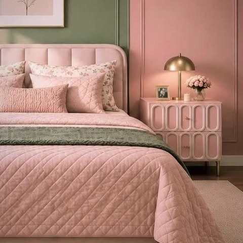 Blush upholstered primary bedroom